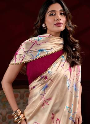 cream satin silk blend digital printed pearl lace border work saree 2