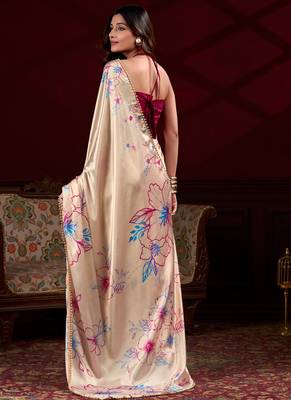 cream satin silk blend digital printed pearl lace border work saree 3