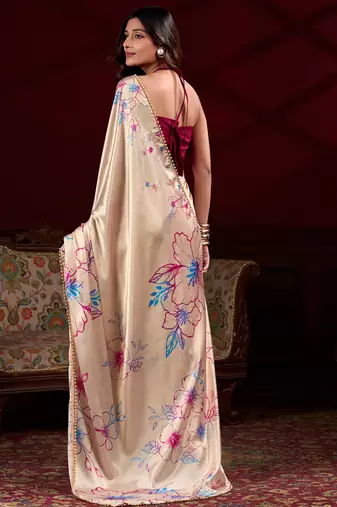 cream satin silk blend digital printed pearl lace border work saree