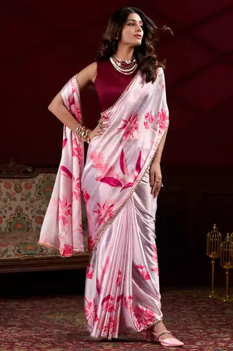 light pink satin silk blend digital printed pearl  lace border work saree