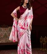 light pink satin silk blend digital printed pearl lace border work saree