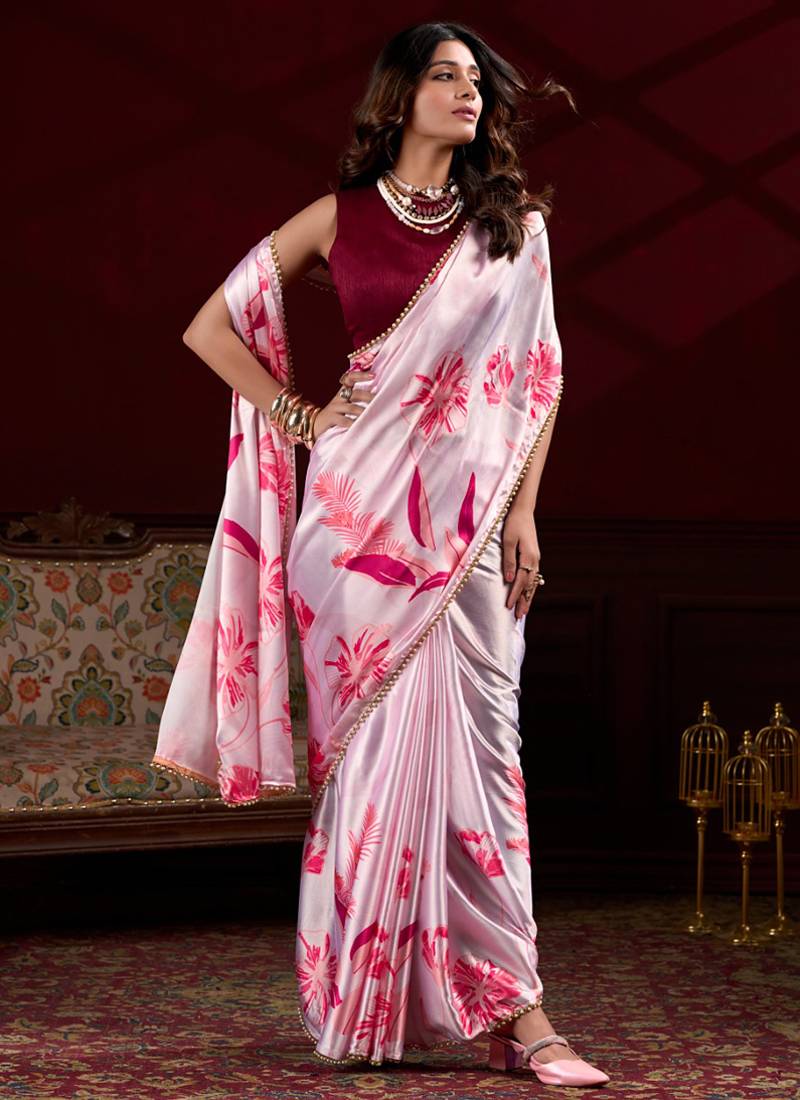 light pink satin silk blend digital printed pearl  lace border work saree