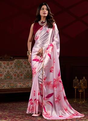 light pink satin silk blend digital printed pearl lace border work saree 2