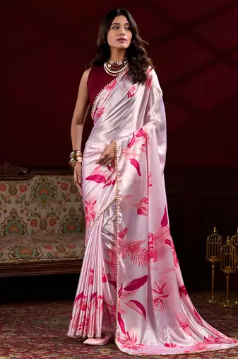 light pink satin silk blend digital printed pearl lace border work saree