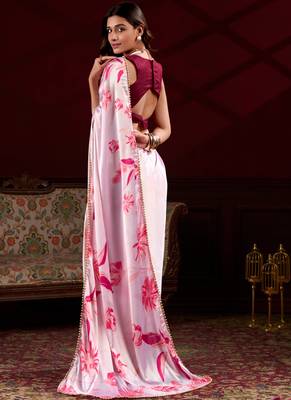 light pink satin silk blend digital printed pearl lace border work saree 4