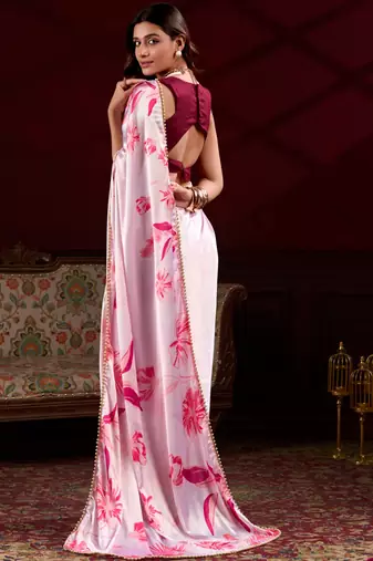 light pink satin silk blend digital printed pearl lace border work saree