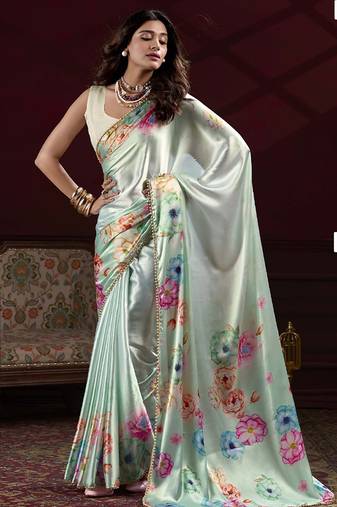 light green satin silk blend digital printed pearl  lace border work saree