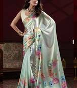 light green satin silk blend digital printed pearl lace border work saree