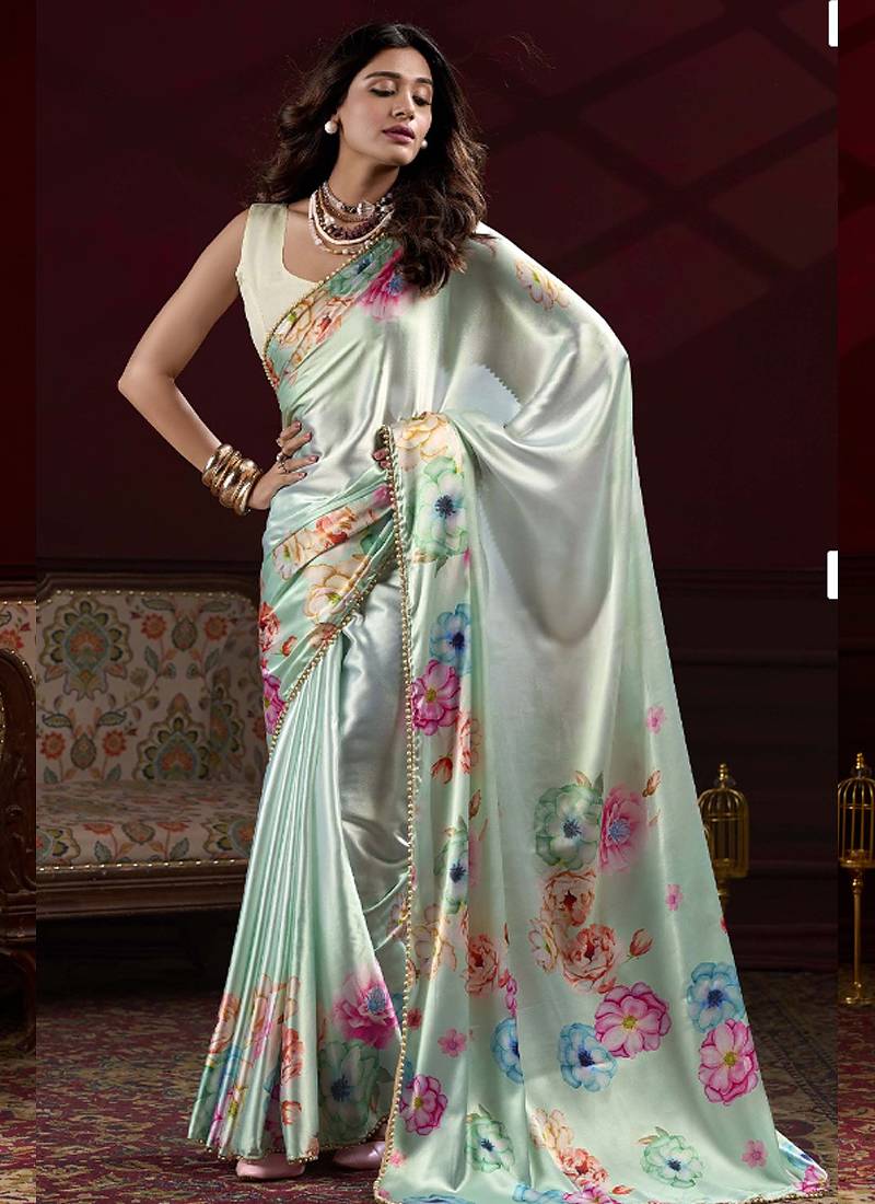 light green satin silk blend digital printed pearl  lace border work saree