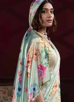 light green satin silk blend digital printed pearl lace border work saree 2