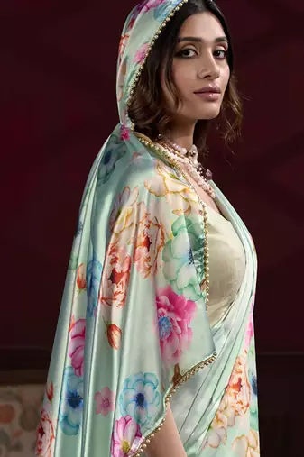light green satin silk blend digital printed pearl lace border work saree
