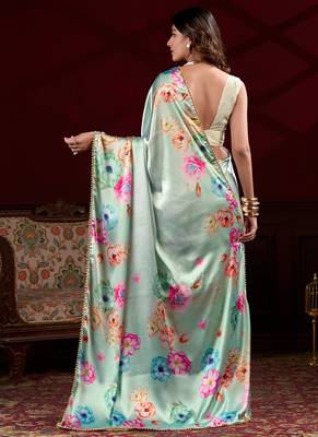light green satin silk blend digital printed pearl lace border work saree 3