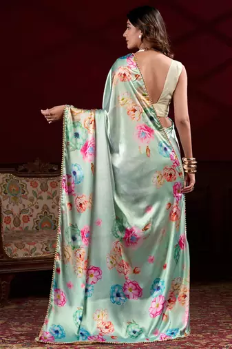 light green satin silk blend digital printed pearl lace border work saree