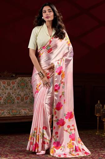 baby pink satin silk blend digital printed pearl  lace border work saree