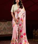 baby pink satin silk blend digital printed pearl lace border work saree