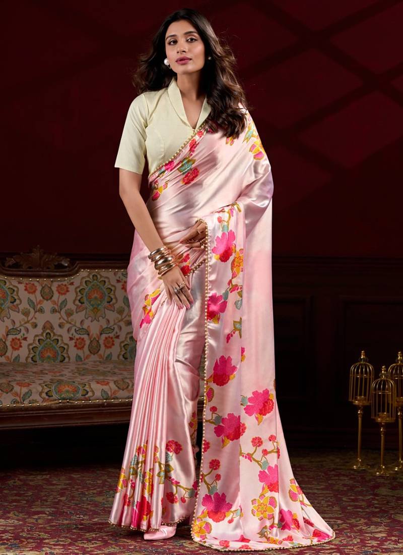 baby pink satin silk blend digital printed pearl  lace border work saree