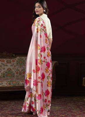 baby pink satin silk blend digital printed pearl lace border work saree 3