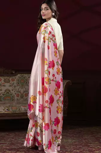 baby pink satin silk blend digital printed pearl lace border work saree