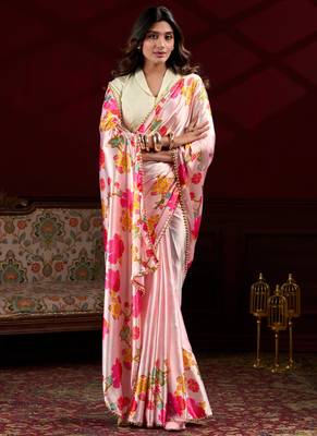 baby pink satin silk blend digital printed pearl lace border work saree 4
