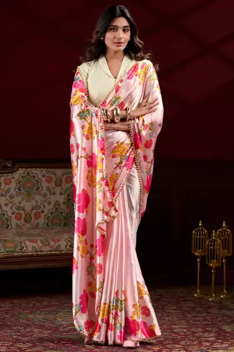 baby pink satin silk blend digital printed pearl lace border work saree