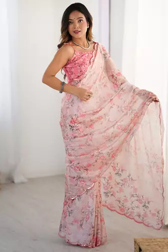 baby pink chinon silk blend print work with mirror work border designer saree