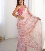 baby pink chinon silk blend print work with mirror work border designer saree