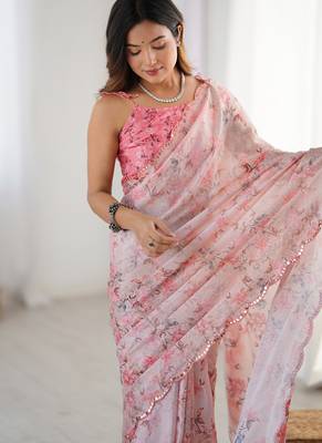 baby pink chinon silk blend print work with mirror work border designer saree 3