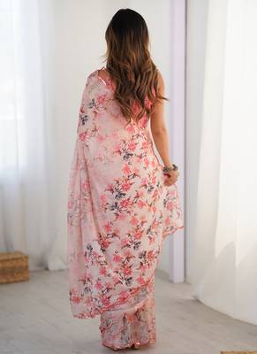 baby pink chinon silk blend print work with mirror work border designer saree 4