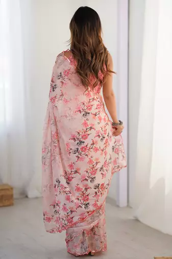 baby pink chinon silk blend print work with mirror work border designer saree