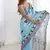 sky blue chinon silk blend print work with mirror work border designer saree
