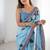 sky blue chinon silk blend print work with mirror work border designer saree