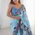 sky blue chinon silk blend print work with mirror work border designer saree
