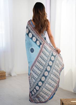 sky blue chinon silk blend print work with mirror work border designer saree 4