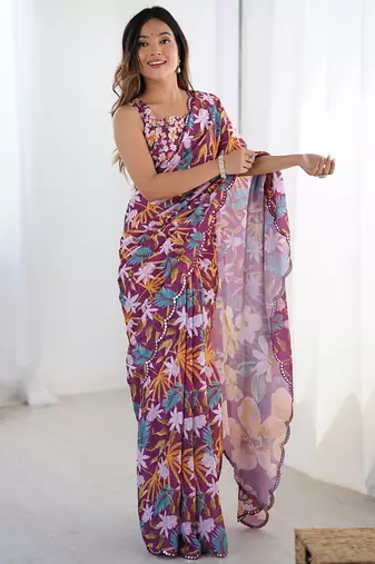 wine chinon silk blend print work with mirror work border designer saree