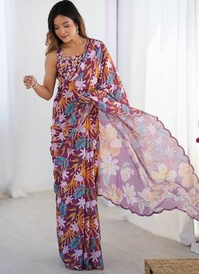 wine chinon silk blend print work with mirror work border designer saree 2