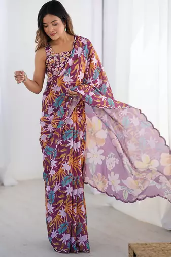 wine chinon silk blend print work with mirror work border designer saree