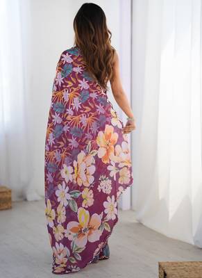 wine chinon silk blend print work with mirror work border designer saree 3