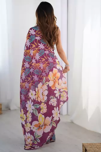 wine chinon silk blend print work with mirror work border designer saree