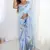 sky blue chinon silk blend print work with mirror work border designer saree