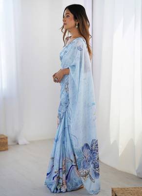 sky blue chinon silk blend print work with mirror work border designer saree 3