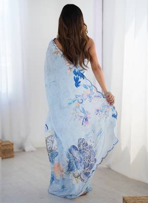 sky blue chinon silk blend print work with mirror work border designer saree 4