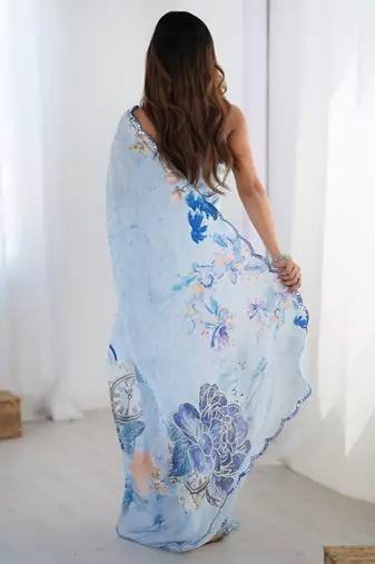 sky blue chinon silk blend print work with mirror work border designer saree