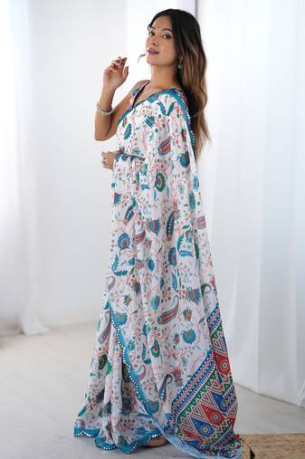 off white sky blue chinon silk blend print work with mirror work border designer saree