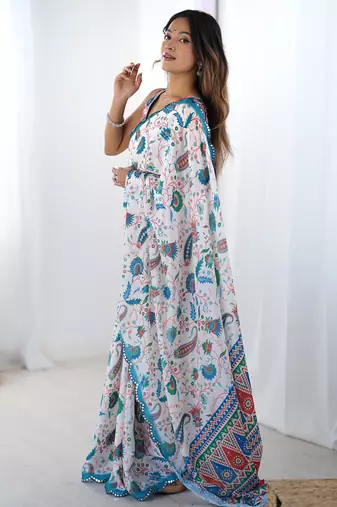 off white sky blue chinon silk blend print work with mirror work border designer saree