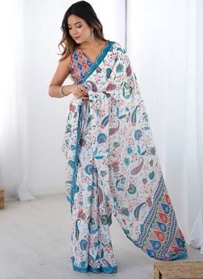 off white sky blue chinon silk blend print work with mirror work border designer saree 2
