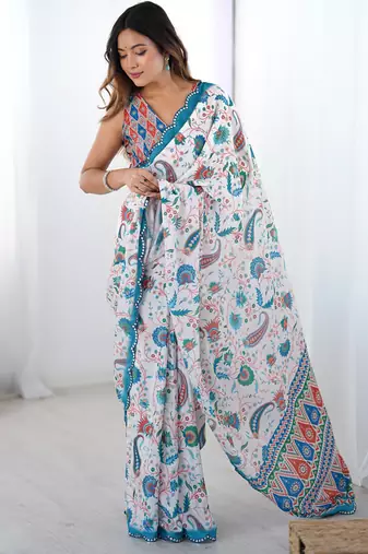 off white sky blue chinon silk blend print work with mirror work border designer saree