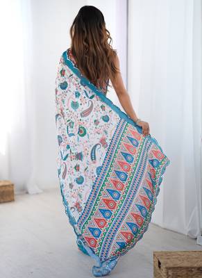 off white sky blue chinon silk blend print work with mirror work border designer saree 4