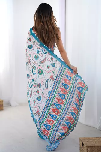 off white sky blue chinon silk blend print work with mirror work border designer saree