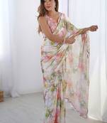 off white sky blue chinon silk blend print work with mirror work border designer saree