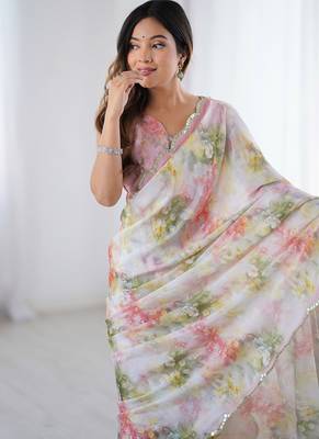 off white sky blue chinon silk blend print work with mirror work border designer saree 3